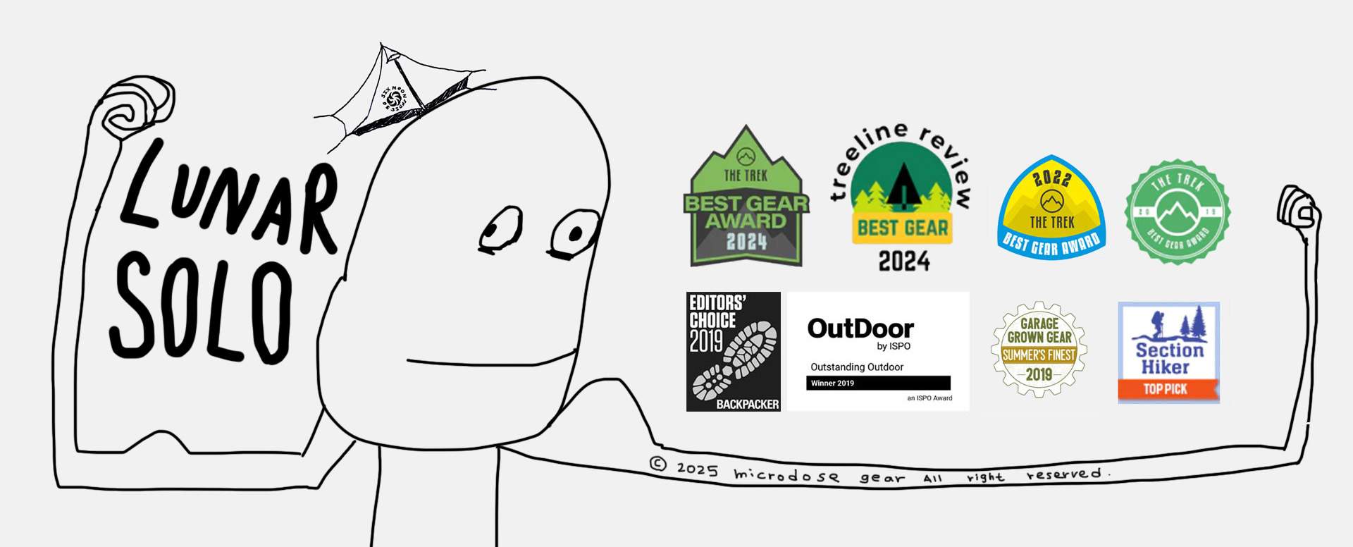 Lunar Solo 超輕帳篷獲得 The Trek、Treeline Review、Backpacker Editors' Choice 等多項國際裝備大獎，由 microdose gear 插畫呈現帳篷特色與獎項標章。 Illustration of Lunar Solo ultralight tent featuring multiple Best Gear Awards from The Trek, Treeline Review, Backpacker Editors' Choice, and more, created by microdose gear.
