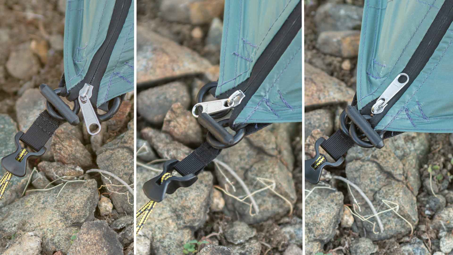 Tarptent ProTrek 帳篷拉鍊末端切換系統，展示拉鍊互鎖與防風固定細節。