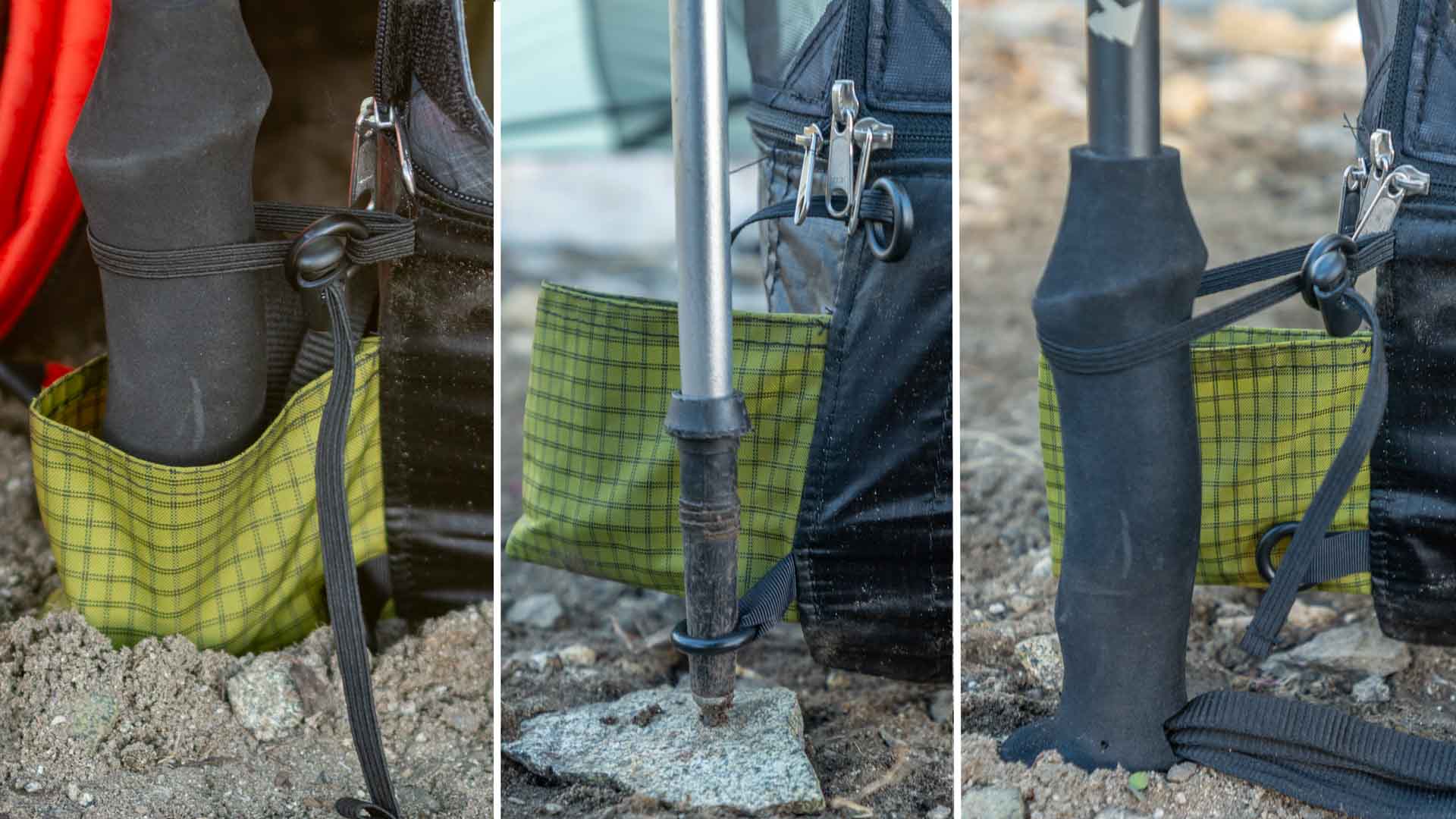 Tarptent ProTrek 輕量化帳篷登山杖固定細節，展示握把與杖尖兩種支撐方式。